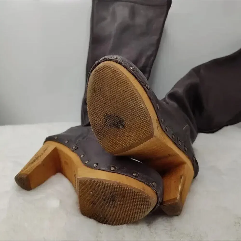 Brown Leather Knee High Clog Boots by sanita Size 6.5